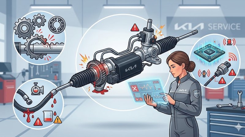Современная иллюстрация рулевой рейки автомобиля KIA для статьи о ремонте и основных проблемах